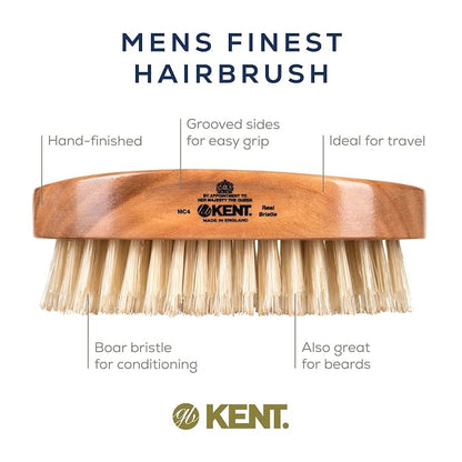Kent MC4 Men's Hair and Beard Brush Kit: Exfoliating Natural Boar Bristle Hair Brush, Cherrywood Base with Firm Bristles for Coarse Hair Types - LPC3 Brush Cleaner - Premium Grooming Set