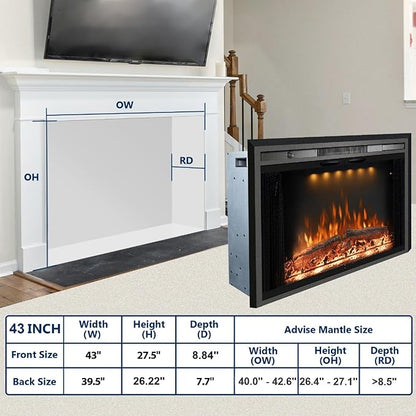 43 Inches Electric Fireplace Insert, 750W/1500W Fireplace Heater