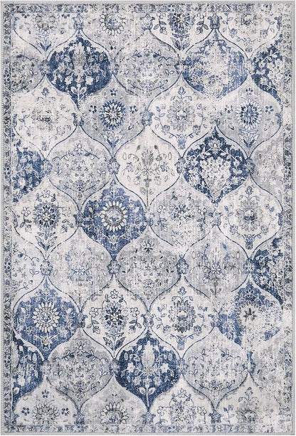 Lahome Moroccan Trellis Washable Rug, 2x3 Kitchen Rugs for Entryway Bathroom, Non-Slip Indoor Door Mat Ultra-Thin, Small Oriental Throw Carpet for Bedroom Entry, White/Royal Blue