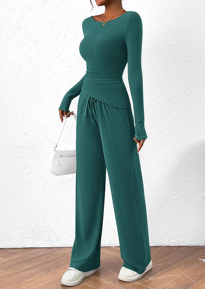 PRETTYGARDEN Women's 2 Piece Lounge Sets Asymmetrical Long Sleeve T Shirt Wide Leg Pants Casual Outfits Tracksuit