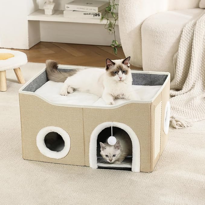 Large Cat Bed for Indoor Cats, Extra Wide Cat Cave House with Scratch Pad and Fluffy Ball, Foldable Cat Hideaway for Kitten Bed, Cat Condo for Cats (Khaki, X-Large)