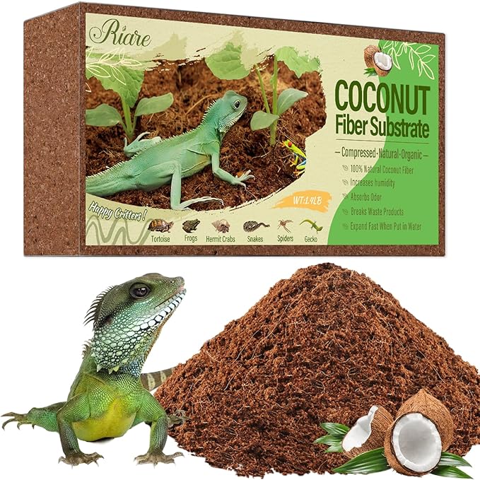 Riare 1 Pack Natural Coconut Fiber Substrate for Reptile- Premium Compressed Coconut Husk Terrarium Bedding for Reptile, Tortoise, Frogs, Snakes Hermit Crabs, Burrowing Animals