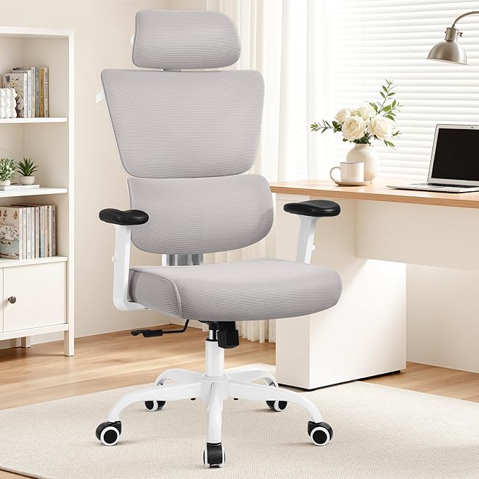 Ergonomic Office Chair High Back Desk Chair with Lumbar Support, Breathable Mesh Computer Chair with Adjustable Armrests Height, Reclining Swivel Big and Tall Gaming Chair for Home Office(Gray)