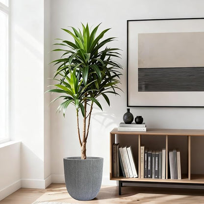 12.4" Tall Round Tapered Planter - Gray Faux Cement Finish, Lightweight Durable Plastic Plant Pot with Drainage Hole & Plug, Weather & UV Resistant Pot for Plants Indoor/Outdoor Use, 10.5" Opening