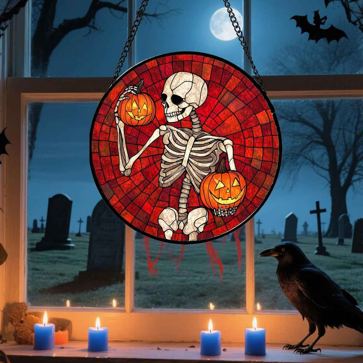 Stained Glass Window Hanging - Halloween Decorations Skeleton Pumpkin Suncatcher for Doors Garden Indoor Spooky Funny Sun Catchers Gothic Decor Horror Gifts for Women Men Friend 6.3 in