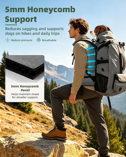 Breathable Dog Hiking Backpack Carrier for Large Dogs, Grey | 4-Layer Protection, Adjustable Dog Backpack with Storage Pockets, Reflective Strips, 3D Ergonomic Support, Under 50 lb