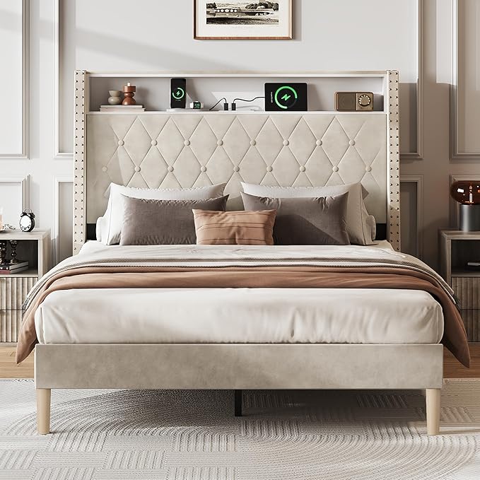 WLIVE Full Size Upholstered Bed Frame with Storage Headboard, Velvet Square Tufted Platform Bed with Charging Station, Sturdy Metal & Wooden Slats Support, No Box Spring Needed, Beige