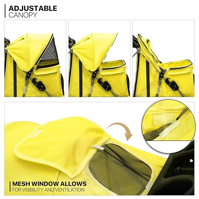 MoNiBloom Foldable Pet Stroller with Waterproof Cover, 3-Wheels Dog Strolling Cart for Small/Medium Dogs and Cats with Storage Basket and Cup Holder, Breathable and Visible Mesh for All-Season, Yellow