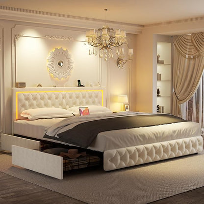 Queen Bed Frame with 4 Storage Drawers, Velvet Upholstered Bed Frame Queen Size with Charging Station and LED Lights, 46" Adjustable Button Tufted Headboard, No Box Spring Needed, Beige