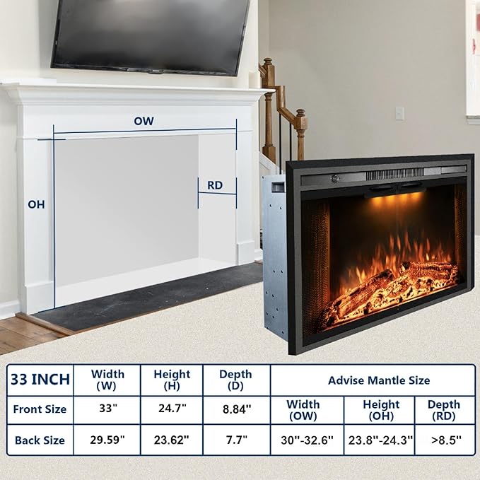 33 Inches Electric Fireplace Insert, 750W/1500W Fireplace Heater