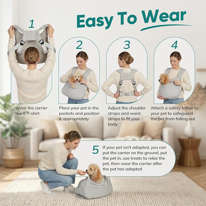 Dog Sling Carrier Front with Thicken Bottom Support for Small Dogs 10-16 lb | Adjustable, Hands Free, Comfortable Wearable, Lightweight, Vet Visits, Anxiety, Travel, Hiking, Safety Clip Grey