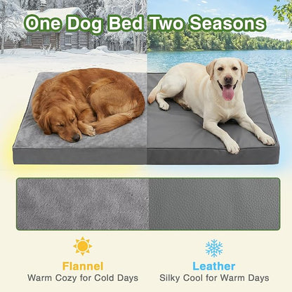 Waterproof XXL Dog Bed, Outdoor Washable Large Foam Crate Pad 48" Anti-Slip | Jumbo Pet Bed, Reversible Faux Leather & Flannel, Durable Removable Cover, Kennel Pad 47"x29" Gray