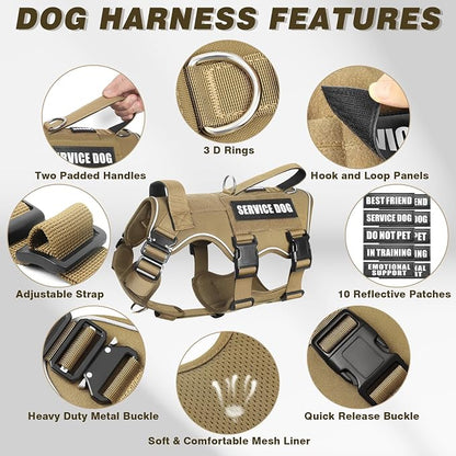 Tactical Service Dog Vest Harness and Leash Set,Heavy Duty Dog Harness with Metal Buckles for Large Dogs,Adjustable No Pull Pet Vest with 10 Patches,for Training Working,Brown L