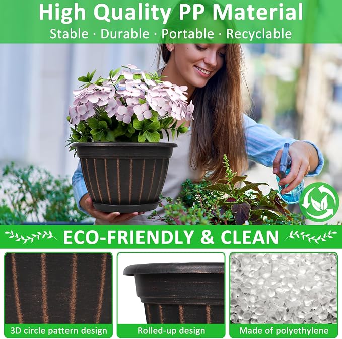 FGstyle 10 Inch Plants Pot,4 Pack Flower Pots,Planters Pot with Drainage Hole & Saucer,Modern Planters for Indoor Outdoor Plants,Decorative Resin Garden Pots for Outdoor Indoor Home Plants (Black)