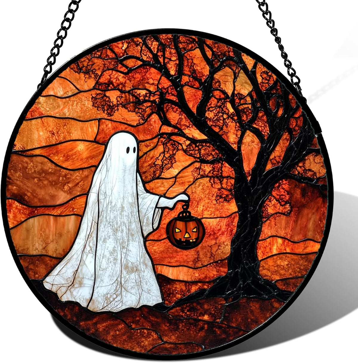 Stained Glass Window Hanging - Halloween Ghost Holding A Pumpkin Lantern Suncatcher for Door Garden Spooky Tree Sun Catchers Gothic Decorations Horror Gifts for Women Men Friend 7.8 in
