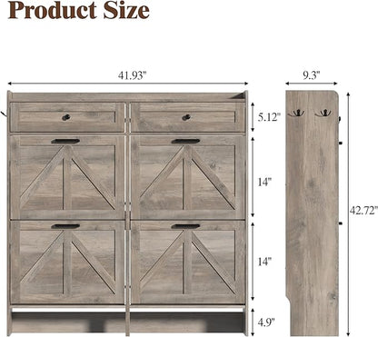 Shoe Cabinet with 4 Flip Drawers & 2 Storage Drawers, Rustic Farmhouse Narrow