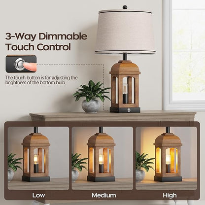 QiMH Table Lamp for Living Room, Farmhouse Lamps with USB A+C and Nightlight, 26" Rustic Bedside Lamps with 3-Way Dimmable Touch Control, Nightstand Lamp for Bedroom, Wood Grain, 1 Pack