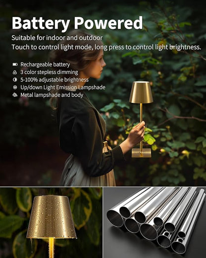 KDG 2 Pack Cordless Table Lamp,Portable LED Desk Lamp, 4000mAh Battery Operated, 3 Color Stepless Dimming Up, for Restaurant/Bedroom/Bars/Outdoor Party/Camping/Coffee Shop Night Light(Gold)