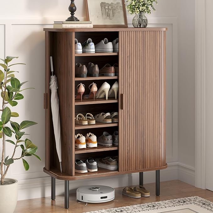 Shoe Storage Cabinet with Adjustable Shelves, 6-Tier Mid-Century Modern Shoe