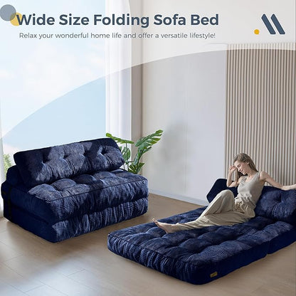 MAXYOYO Folding Sofa Bed, Convertible Sleeper Chair with Pillow Foldable Matress with Back Support, Portable Fold Out Chair Bed Comfy Floor Sofa Lounge for Living Room Bedroom, Navy Double