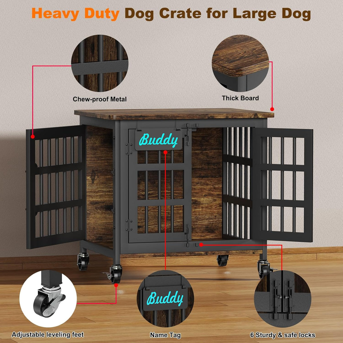 EasyCom Heavy Duty Dog Kennel Indoor with Name Tag, 27" Dog Crate Furniture for Small Dogs, Double-Doors Sturdy Metal Dog Cage for Anxiety Dog