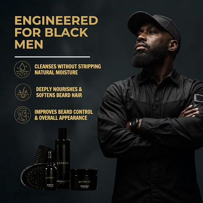 Golden Grooming Co. Beard Care Kit for Men - 5pc Grooming & Growth Set includes Beard Shampoo, Balm, Oil, Wood Comb & Boar Bristle Brush - Men's Self Care Gift Bundle