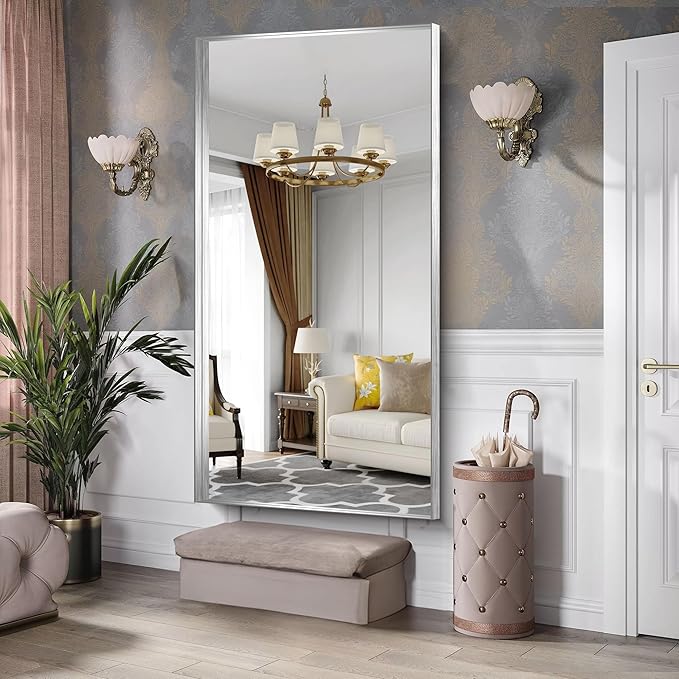 CIRCUMI Silver Bathroom Mirror, Brushed Finish, Tempered Glass, Large Mirror