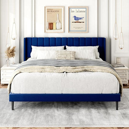 King Size Bed Frame with Upholstered Wingback Headboard, Easy Assemnly Platform Bed, Wooden Slat Support No Box Spring Needed, Navy Blue