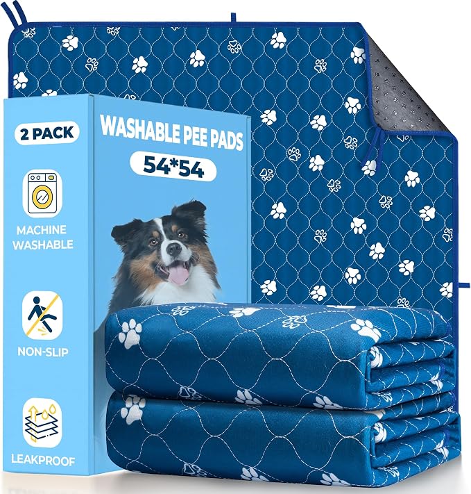 Fostanfly Washable Pee Pads for Dogs, 2 Pack Large 54"x54" Ultra-Absorbent and Leak-Proof Non-Slip Reusable Potty Training Pads for Dogs, Puppy & Cats of Add 8 Lanyards-Blue