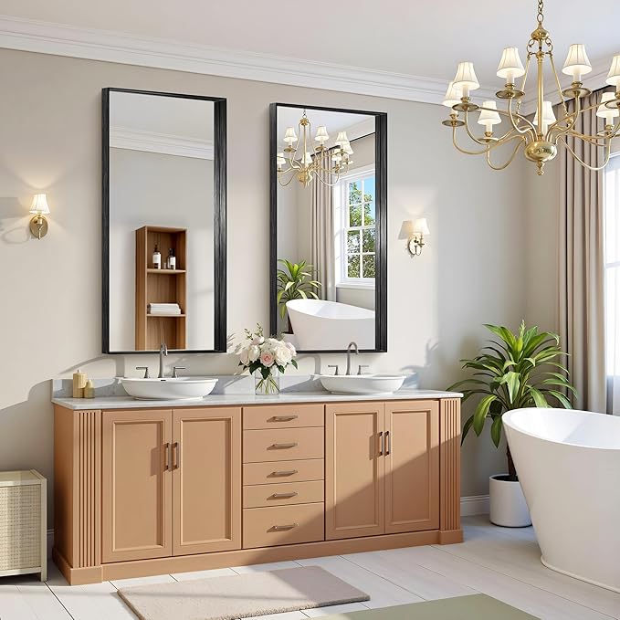 CIRCUMI Black Bathroom Mirror, Brushed Finish, Tempered Glass, Large Mirror