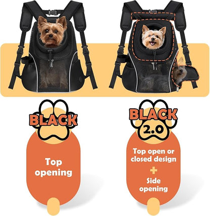 WOYYHO Pet Dog Carrier Backpack with Windows, Ventilated Small Dog Backpack | Breathable Top & Side Windows, Safety Belt, Storage Pockets, Small Dog Front Backpack, for Travel Hiking Outdoor, Black2.0, L
