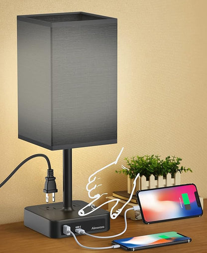 Bedside Table Lamp with Touch Control & USB C+A Charging Ports LED Desk Lamp with 2 AC Outlets, Minimalist Nightstand Light with Black Fabric Shade for Bedroom, Living Room, Office, Black