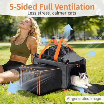 Soft Sided Cat Pet Dog Carrier, Large Airline Approved Travel Bag | Top Loading Breathable Mesh, Foldable Expandable Design, Fits Kittens & Puppies Up to 15 Lbs, Comfy for Transport Scenarios