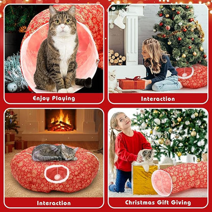 Cat Tunnel Bed Under Christmas Tree 36'' Kitten Circle Donut Tunnel Skirt with Ball Mat Decorative Xmas Folding Home Kitty Guard Tube Holiday Party Indoor Pet(Red Gold,Snowflake)