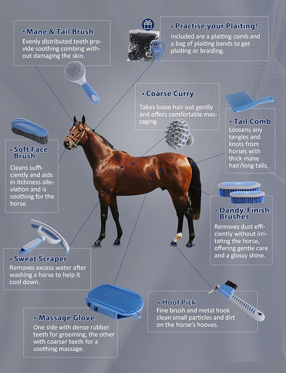 Harrison Howard Horse Grooming Kit 9 Piece with Tote, Non-Slip Silicone Grip Brush Set for Horses, Shedding Bathing Daily Care, Beginner Friendly Deep Blue