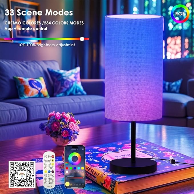 Smart Bedside Table Lamp for Bedroom, Modern Bedroom Lamps for Nightstand Decoration, 72 LED Colorful Bulb with APP Control & Music Sync & Timer, Desk Light for Home Office Living Room (Black Round)