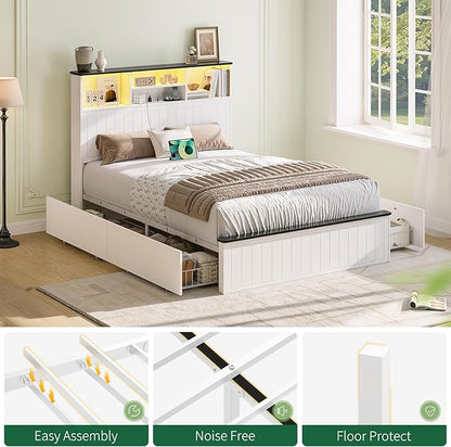 Yoobure Full Size Bed Frame with Headboard - Farmhouse Wood Bed Frames with 4 Storage Drawers, Platform Beds with Charging Station & LED Light, No Noise Double Bedframe, No Box Spring Needed, White