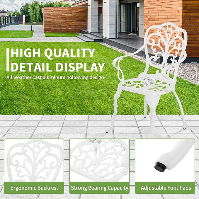 Withniture Patio Bistro Set 3 Piece Cast Aluminum Outdoor Bistro Set, Rust Resistance Bistro Table and Chairs of 2 with Umbrella Hole, Small Patio Set for Garden Outside, White
