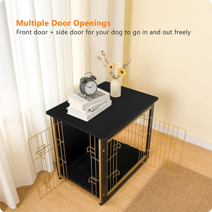 DWANTON Dog Crate Furniture with Cushion, Wooden Kennel Table with Double Doors, Indoor Dog House, Small/Medium/Large Size, 27.2" L, Black+Gold