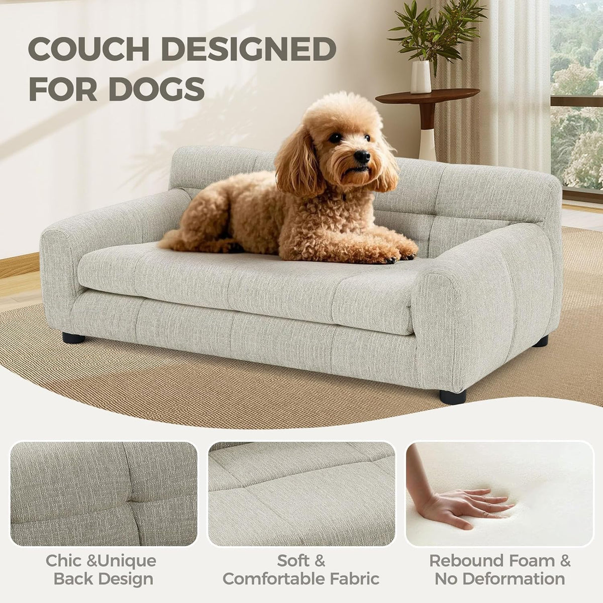 Dog Couch Bed, Mini Sofa for Dogs with Backrest and Armrest, Durable Pet Sofa with Soft Foam Cushion, Elevated Dog Couch Bed with Legs for Medium and Large Dogs, Beige