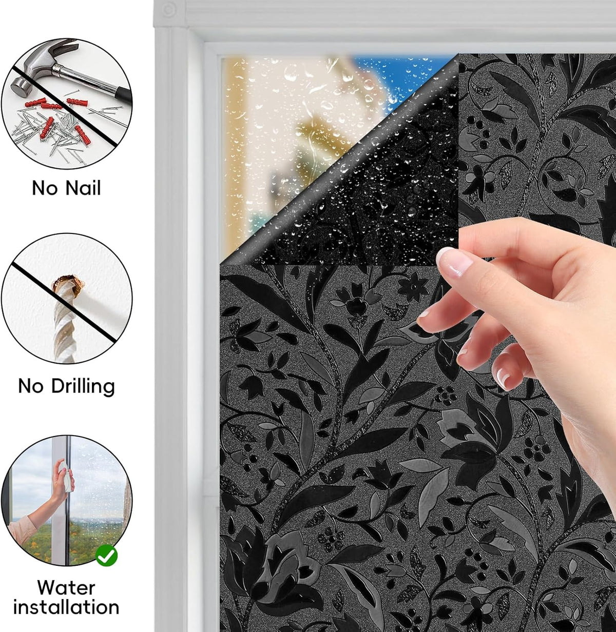 Total Blackout Privacy Film Radiance with Tools - Room Darkening Window Tint in Static Cling - Black Out Window Replacement - 23.6" x 78.74" (4 Pack)