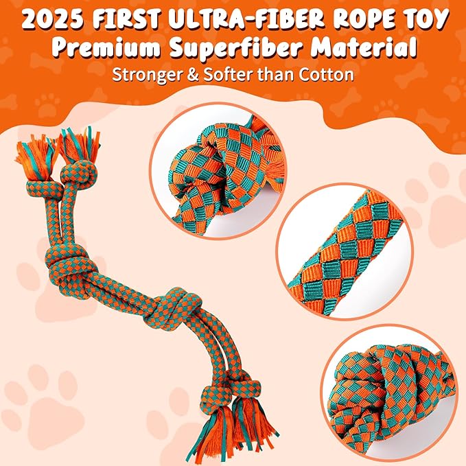 Heavy-Duty Dog Rope Toy — 6-Knot Super-Strength Fiber Tug Rope, Ideal for Powerful Chewers The First Super-Fiber Durable Chew Toy, Specifically Designed for Large and Medium-Sized Dogs (Large)