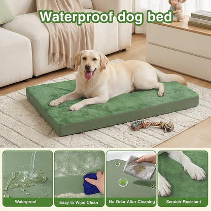 XXL Dog Bed Waterproof Washable Outdoor, Large Foam Crate Pad 48" Green | Jumbo Pet Bed, Reversible Wipeable Faux Leather & Soft Flannel, Durable Removable Cover, Anti-Slip Kennel Pad 47"x29"