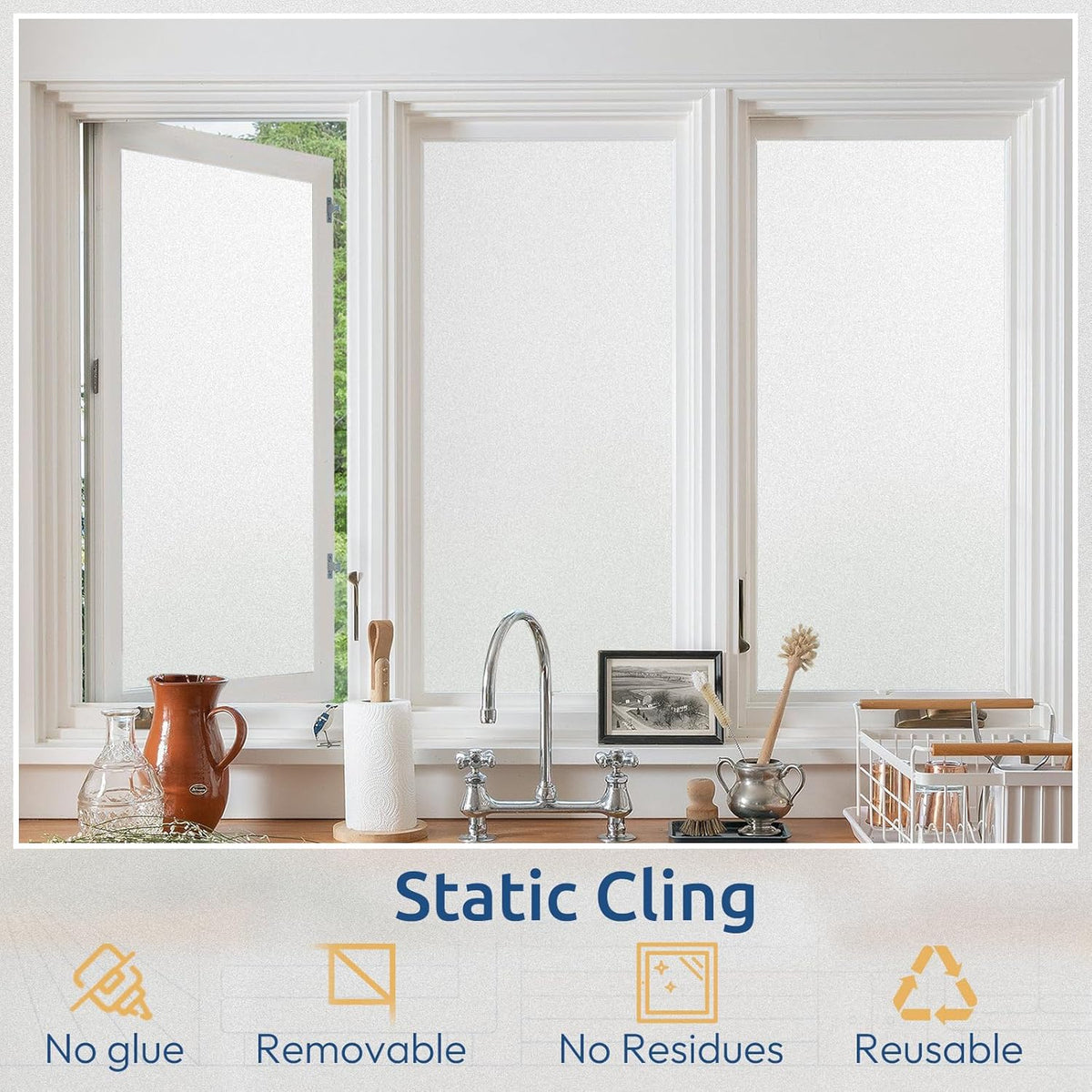 rabbitgoo Window Privacy Film, Non-Adhesive Frosted Glass Window Film for Bathroom, Static Cling Heat Blocking Stickers for Home Indoor Opaque Frosting Coverings House Tint, Matte White 17.5" x 118.1"