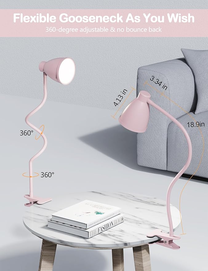 BOHON Cute Desk Lamp with Clamp 10W 38 LED Clip on Light, 5 Color 10 Brightness Auto Off Timer Flexible Gooseneck Pink Lamp Kawaii Accessories Desk Lights for Office Home Bed Bedside Reading, Pink