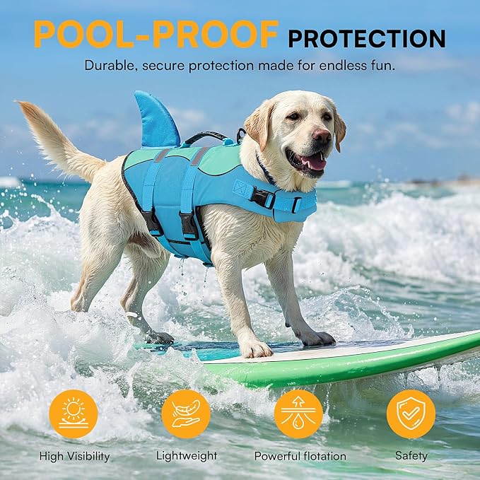 Shark Dog Life Jacket, Dog Life Vests for Boating, High Buoyant Pet Life Vest for Swimming, Adjustable Easy On Cat Life Jackets for Small, Medium, Large Dogs (Pool Blue,S)