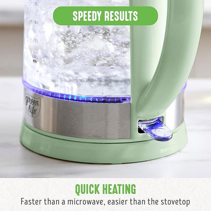 GreenLife 1.7 Liter Glass Electric Kettle, Easy One Touch Use, Quick Heating