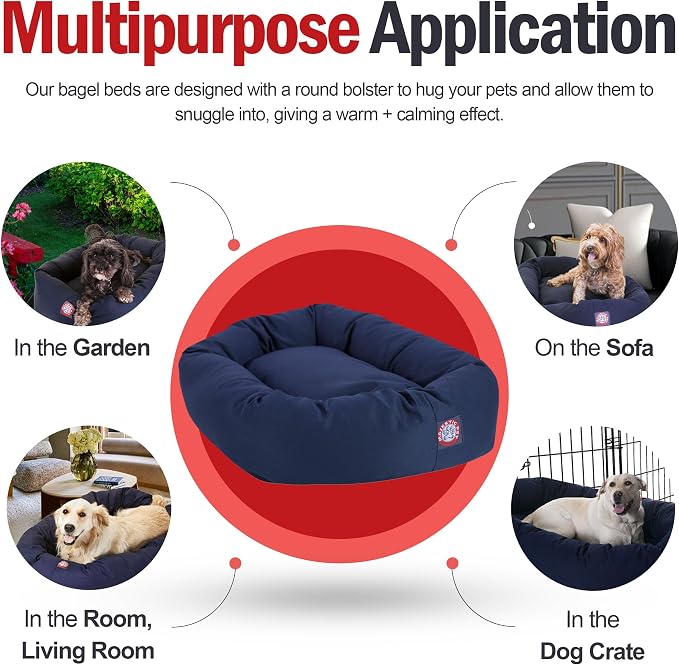 Majestic Pet Bagel Calming Dog Bed, 32 Inch Medium, Round, Washable, Blue | Cozy Soft Fluffy Donut Pet Bed with Spine Support for Head Rest – Anti-Anxiety Comfort for Puppies & Dogs, 32x23x7 Inches
