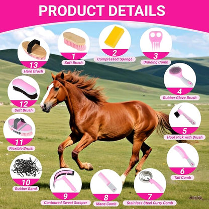 Horse Grooming Kit, 14-in-1 Professional Horse Brush Supplies Set for Grooming & Care, with Horse Brushes, Curry Comb, Hoof Pick & Waterproof Storage Tote Bag for Shining, Detangling, Massaging(Pink)