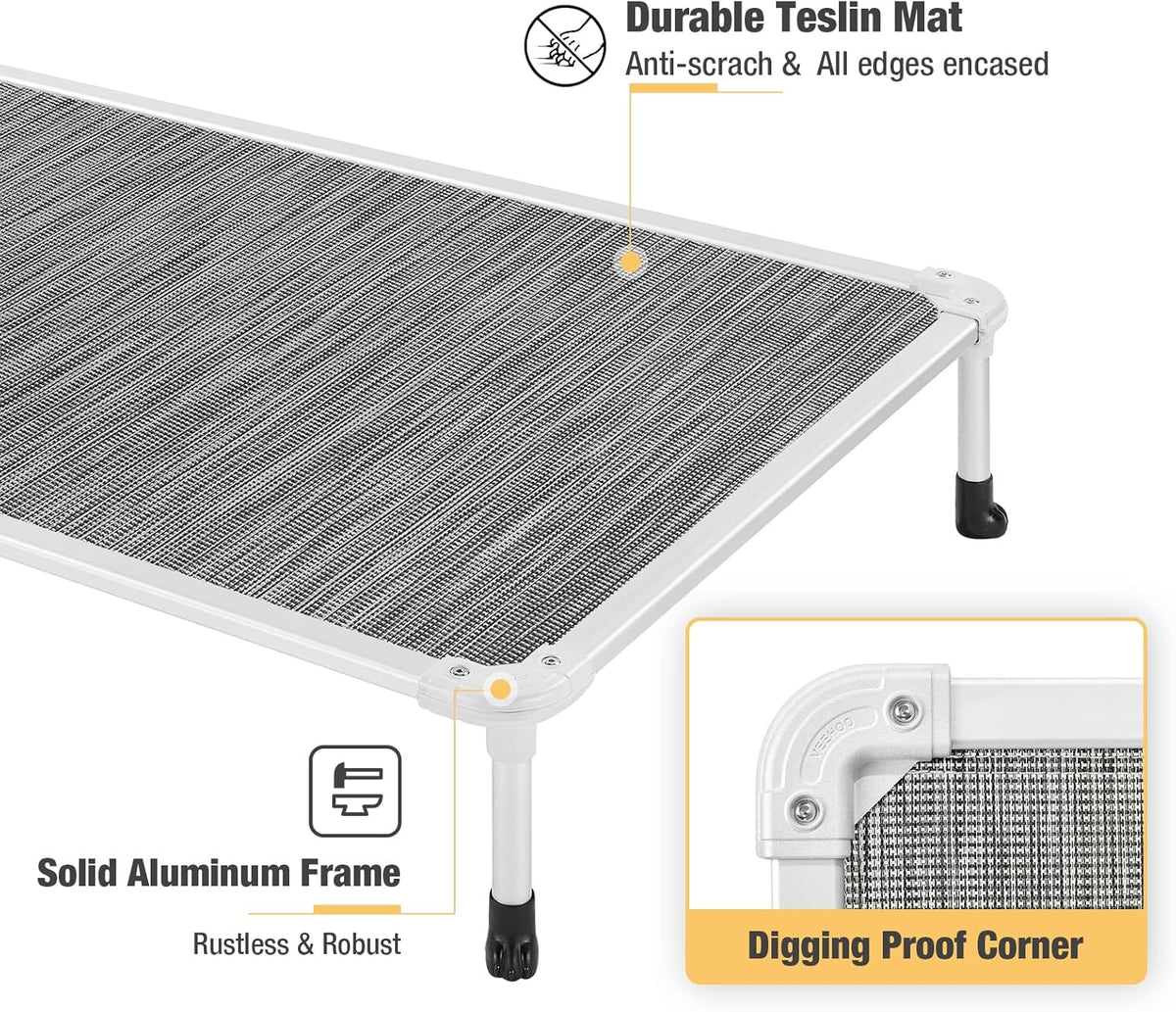 Veehoo Chew Proof Elevated Dog Bed - Cooling Raised Pet Cot - Silver Aluminum Frame and Durable Textilene Mesh Fabric, Unique Designed No-Slip Feet for Indoor or Outdoor Use, Black Silver, X Large